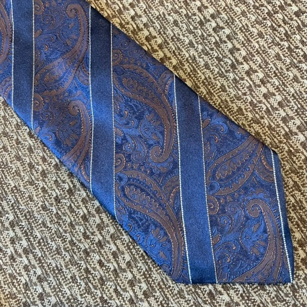 Canali Necktie Mens Navy Blue Repp Paisley Striped Silk Italy Office Wedding